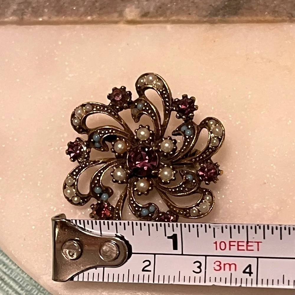 Vintage Purple Rhinestone Brooch Pin with Blue and Pearl Accents